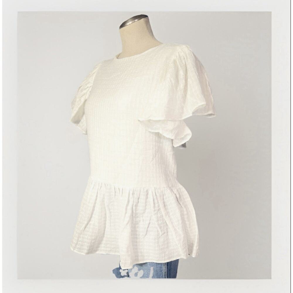 Leia En Co Ivory Textured Cotton Gauze Peplum Blouse Ruffled Flutter Sleeves - L